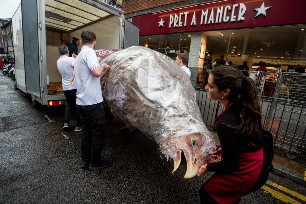 Anima campaigners loading the 4-metre Frankenwrap after a protest in Ealing.