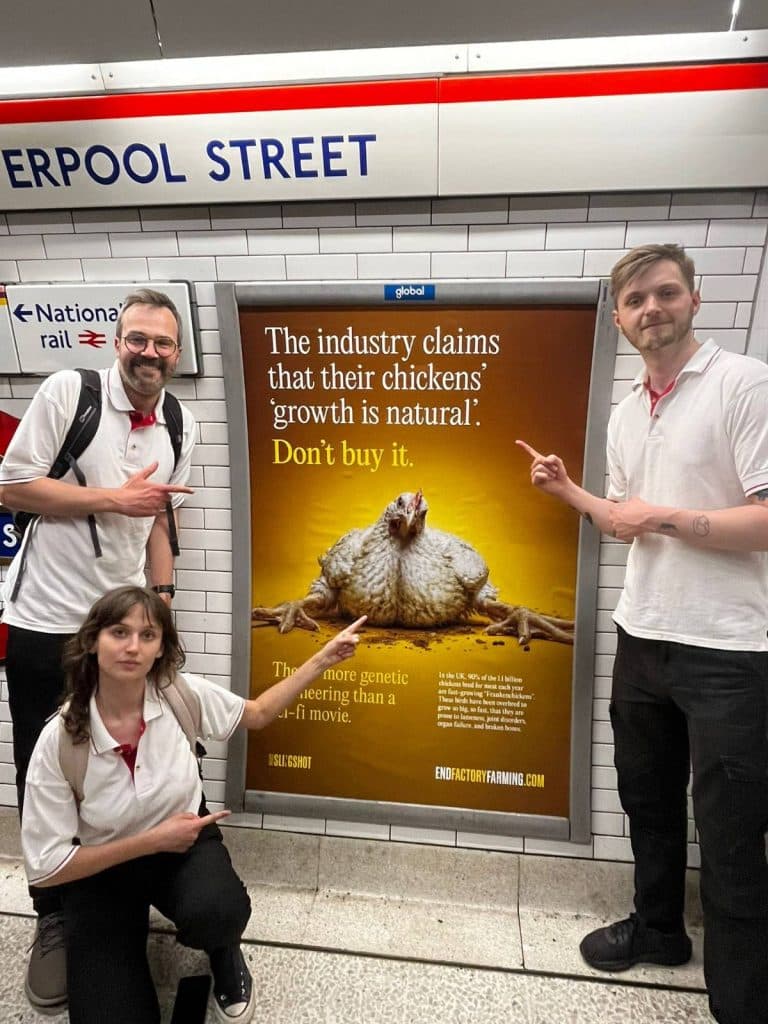 Anima campaigners pose in front of an ad in the London Underground which challenges the claims of the chicken industry.