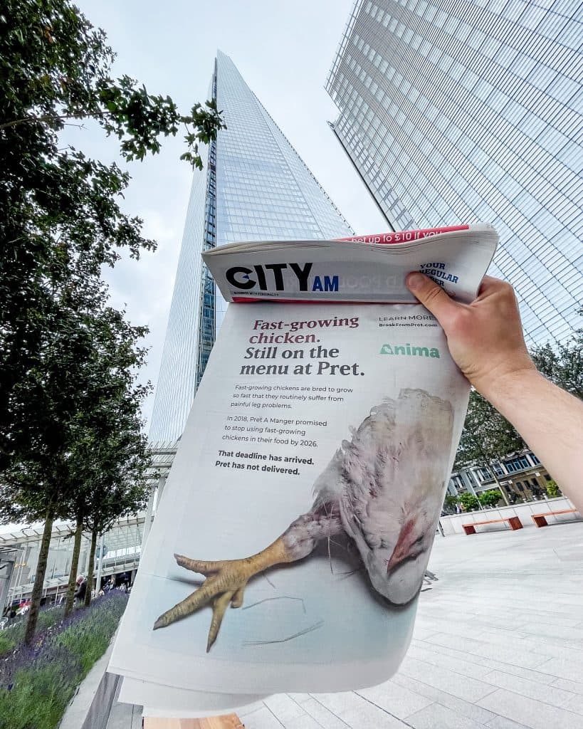 An ad about Pret's chicken commitment in the City AM newspaper.
