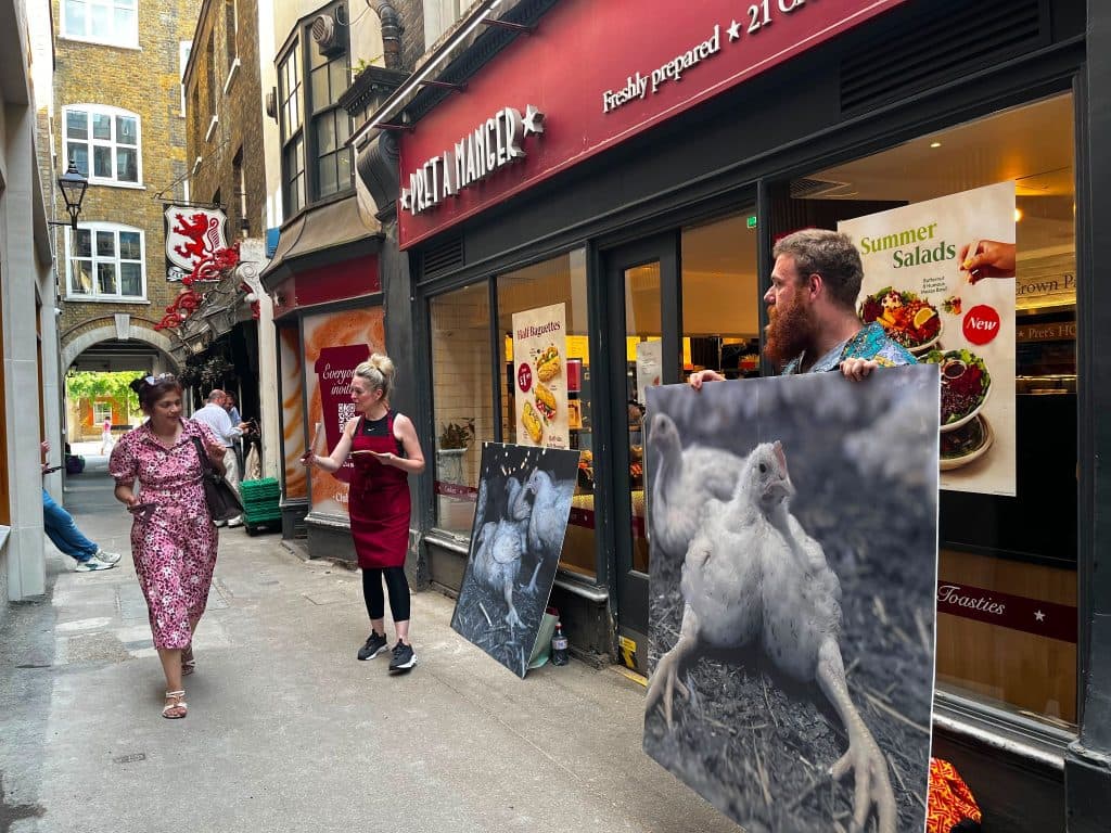 Volunteers Sarah and Mike demonstrating outside a Pret shop in London