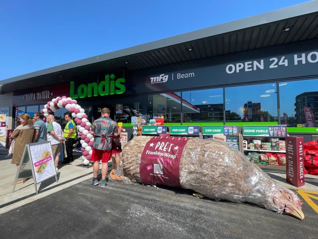 The giant Frankenwrap prop outside the new Pret store opening in Rainham