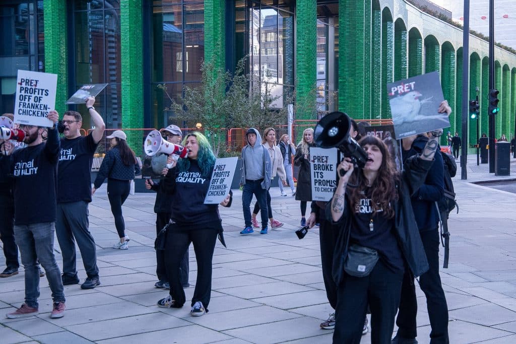 Activists rally outside Pret A Manger headquarters in London
